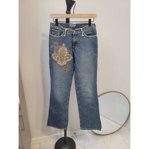 Kippys Jeans Womens 4 Flare Blue Swarovski Crystal Leather Celtic Cross Y2k